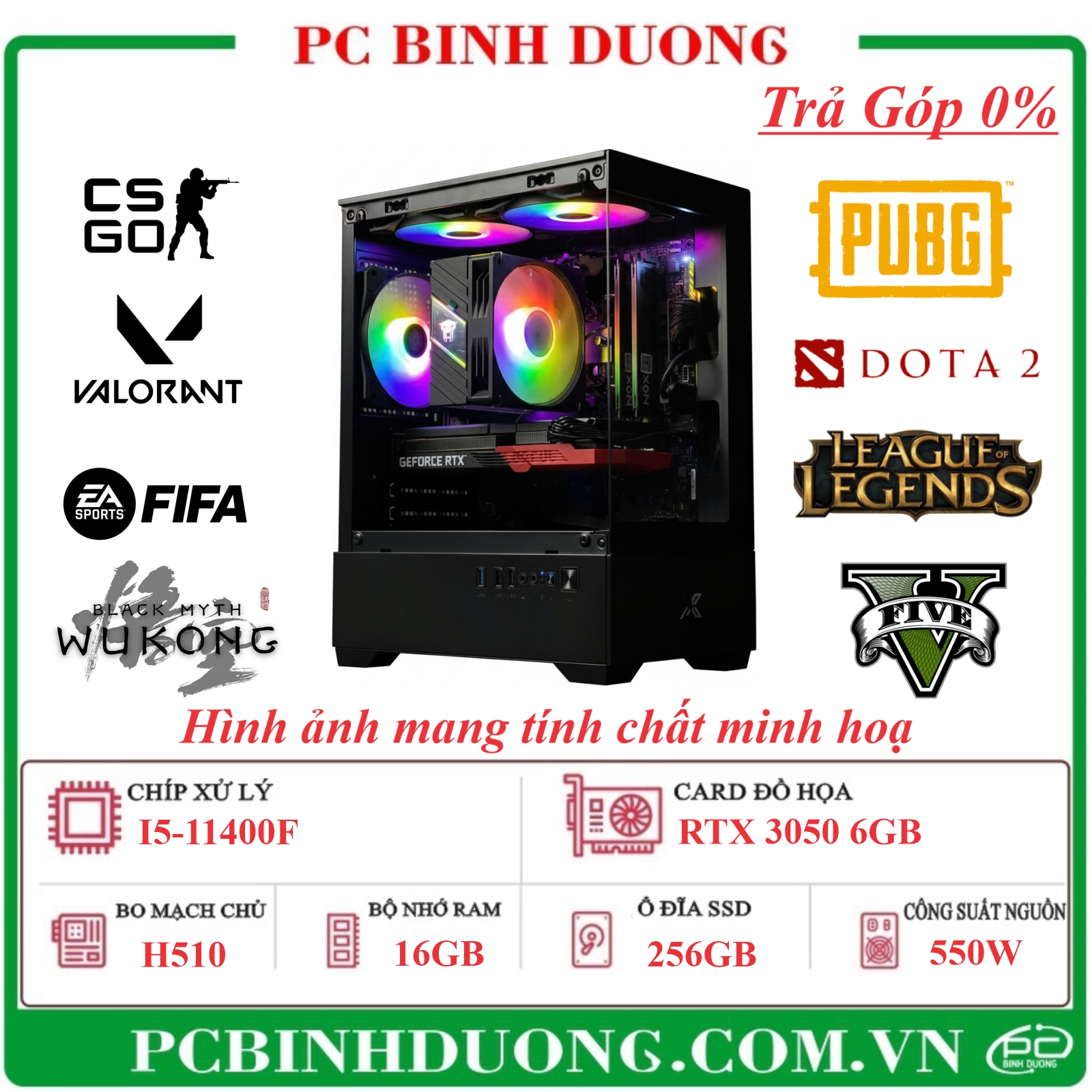 PC Gaming Hinata Hyuga H510/I5-11400F/16GB/256GB/RTX3050-6GB/550W